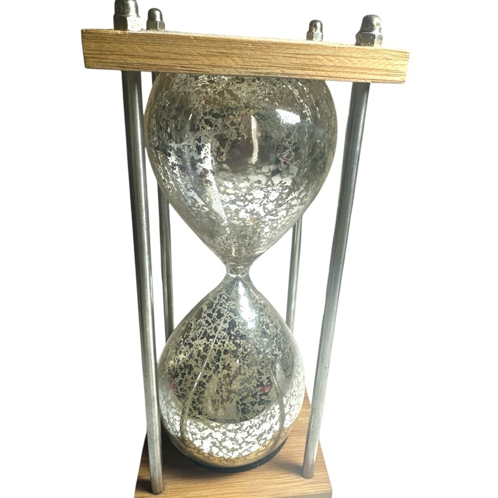 Vintage Decorative Hourglass Timer w/ Silver Mercury Glass Finish & Wooden Base - Picture 3 of 6